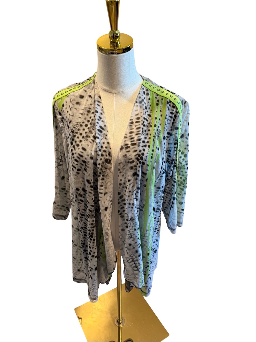 Gray Animal-Print Open Cardigan with Neon Green Trim